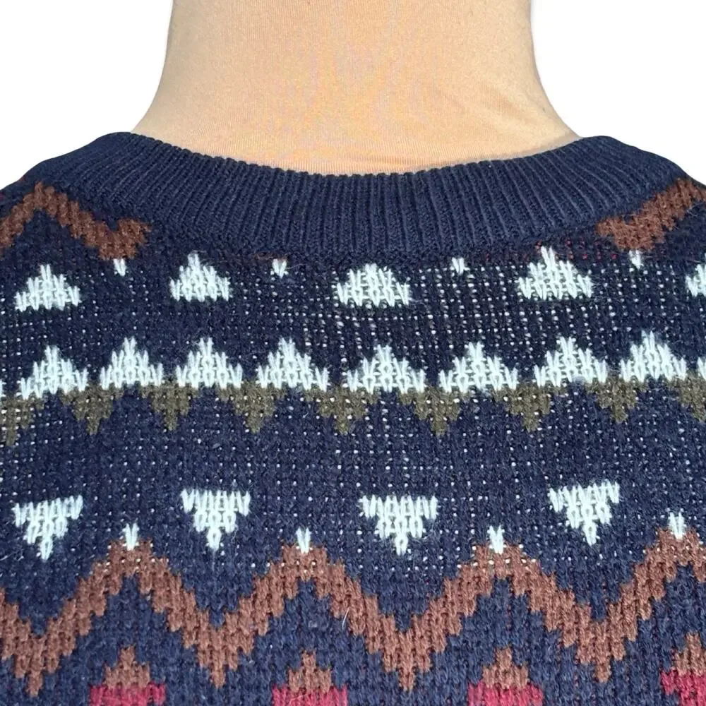 Vintage 90s Navy Blue Burgundy Fair Isle Knit Crewneck Sweater Mens XXL Cozy